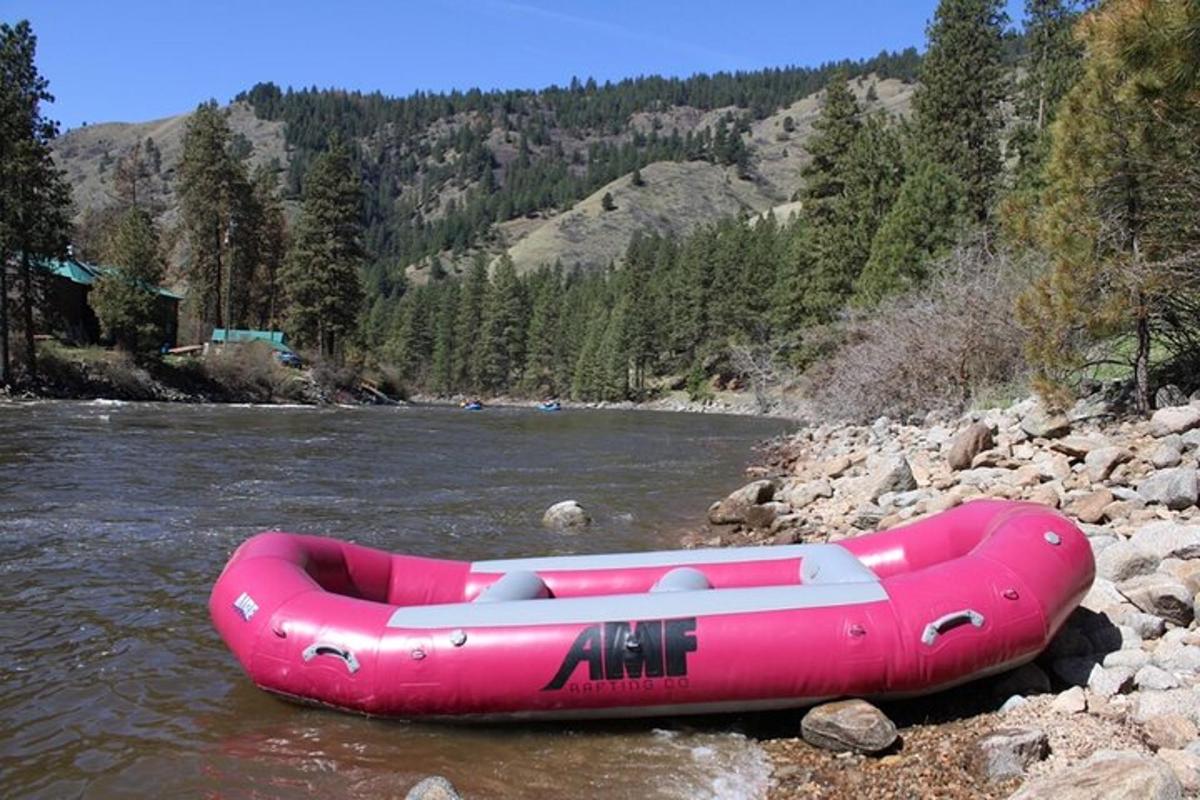 a pink raft sitting on the side of a river