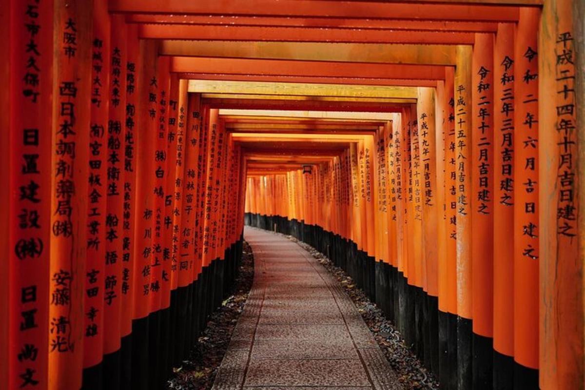 a row of orange torii gates in a building
