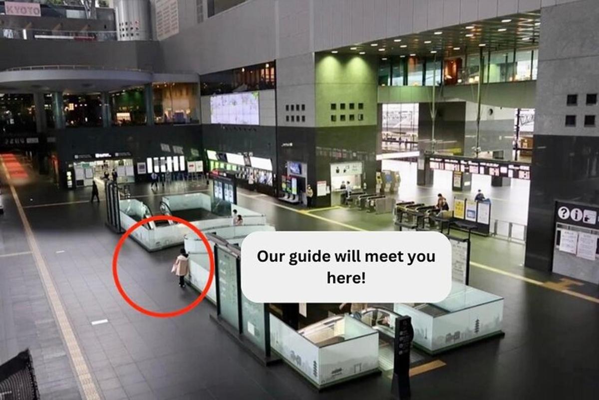 a person walking through a building with a red circle