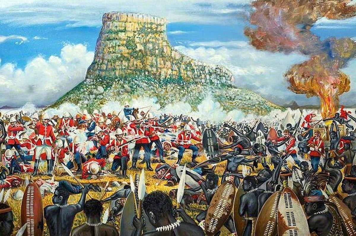 Una pintura de un grupo militar reuniéndose frente a una montaña.