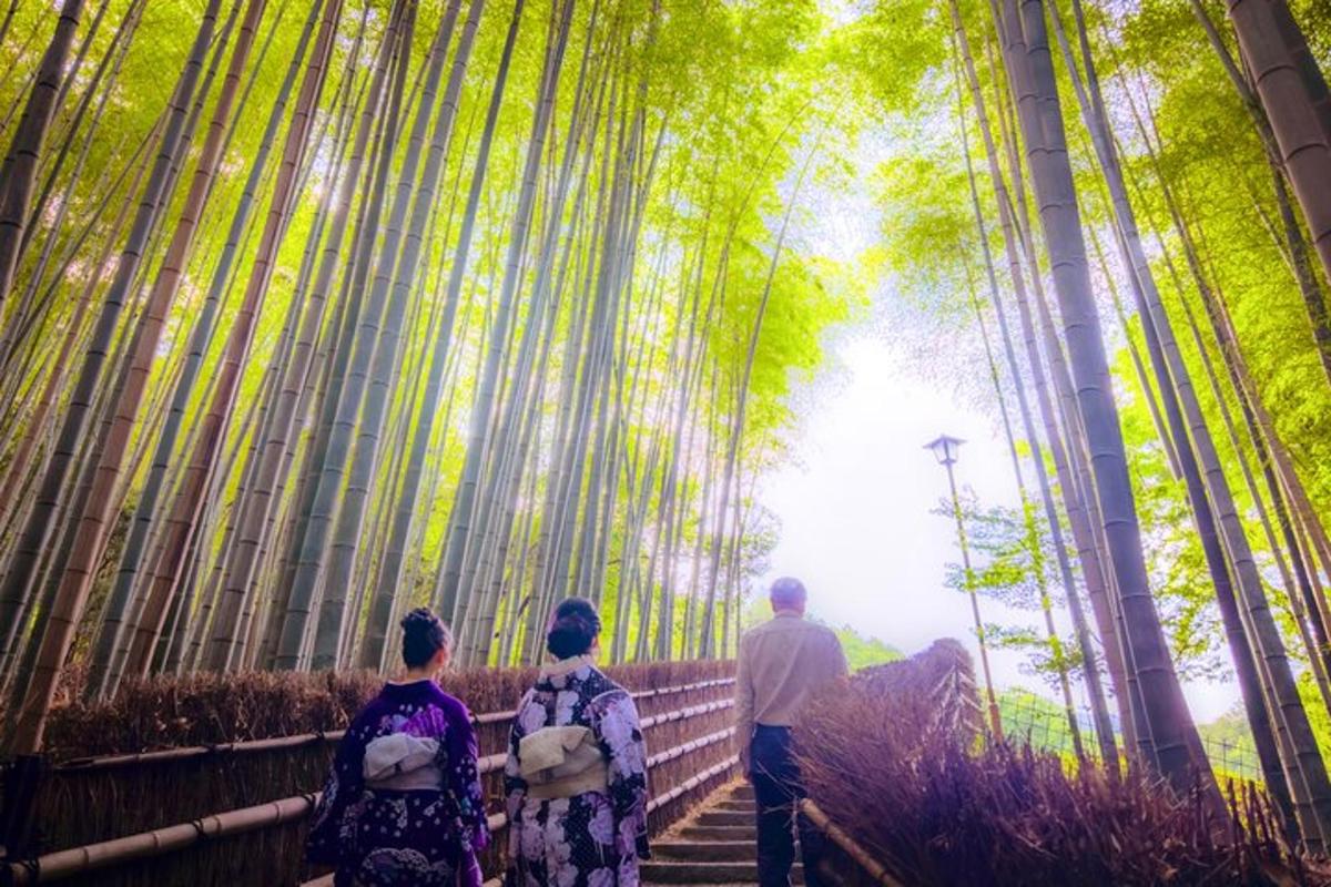 três pessoas subindo escadas em uma floresta de bambu