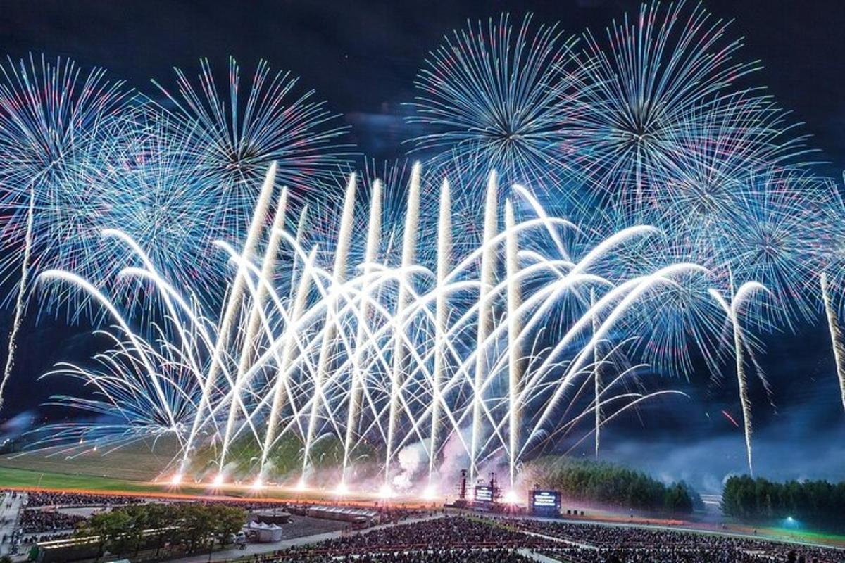 a firework display with lots of white fireworks in the sky