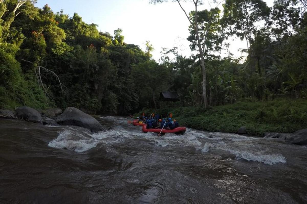 a group of people in a raft in a river