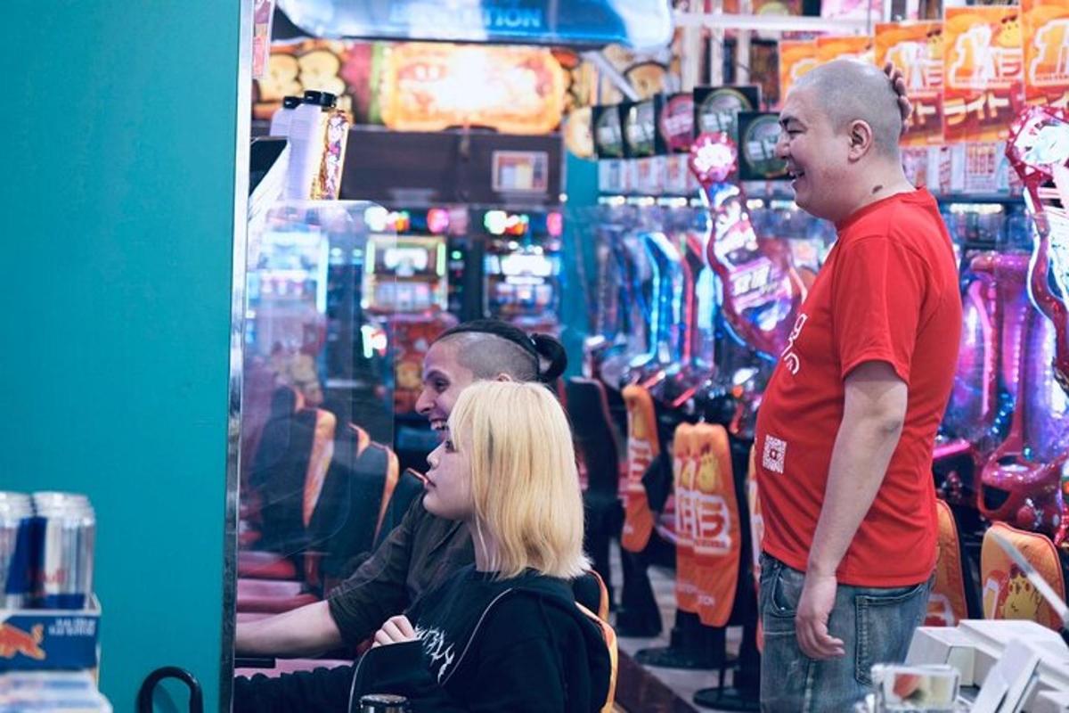 a group of people standing in a video game store