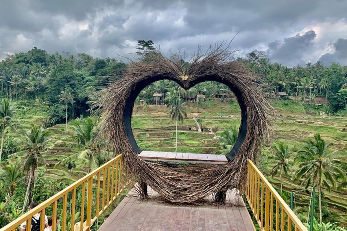 a heart made out of hay on a bridge