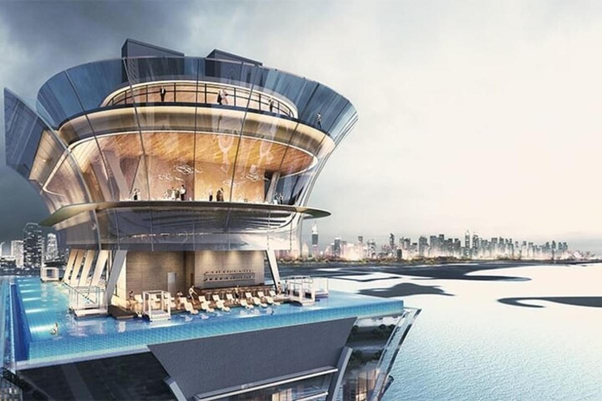 a rendering of a building next to a body of water