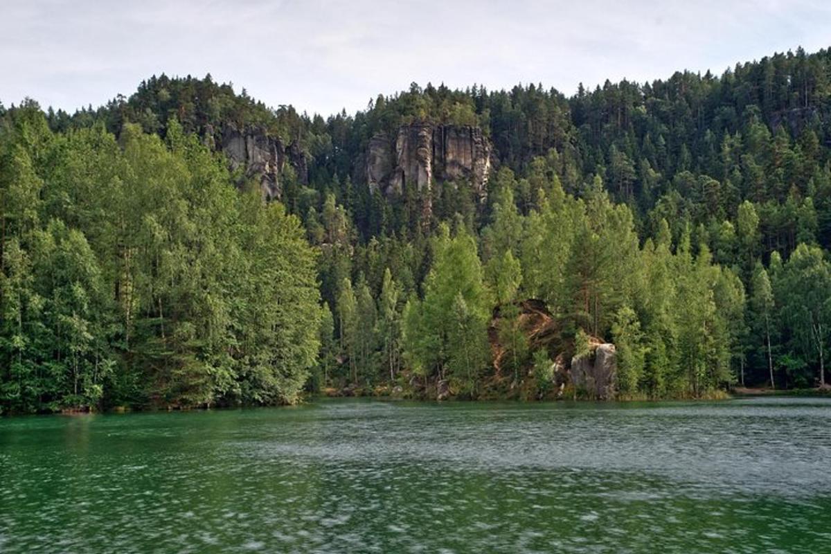sebuah danau dengan pepohonan dan gunung di latar belakang