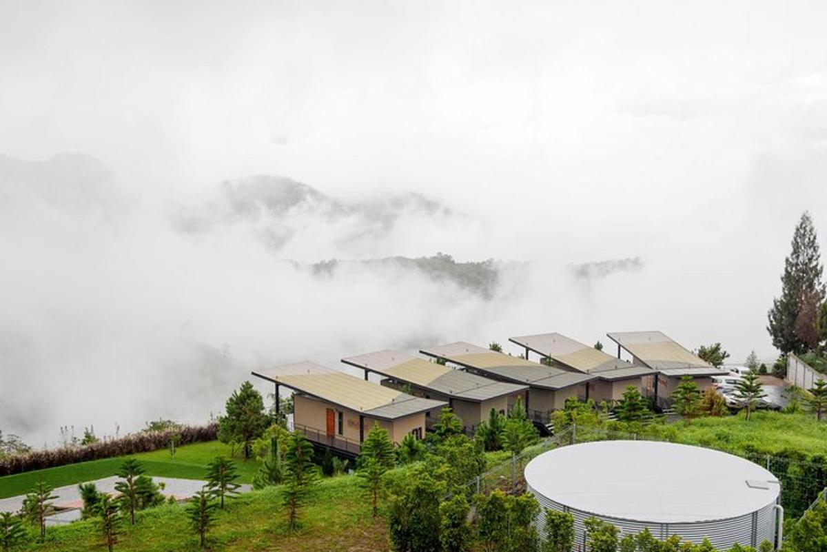 una casa su una collina con la nebbia sullo sfondo
