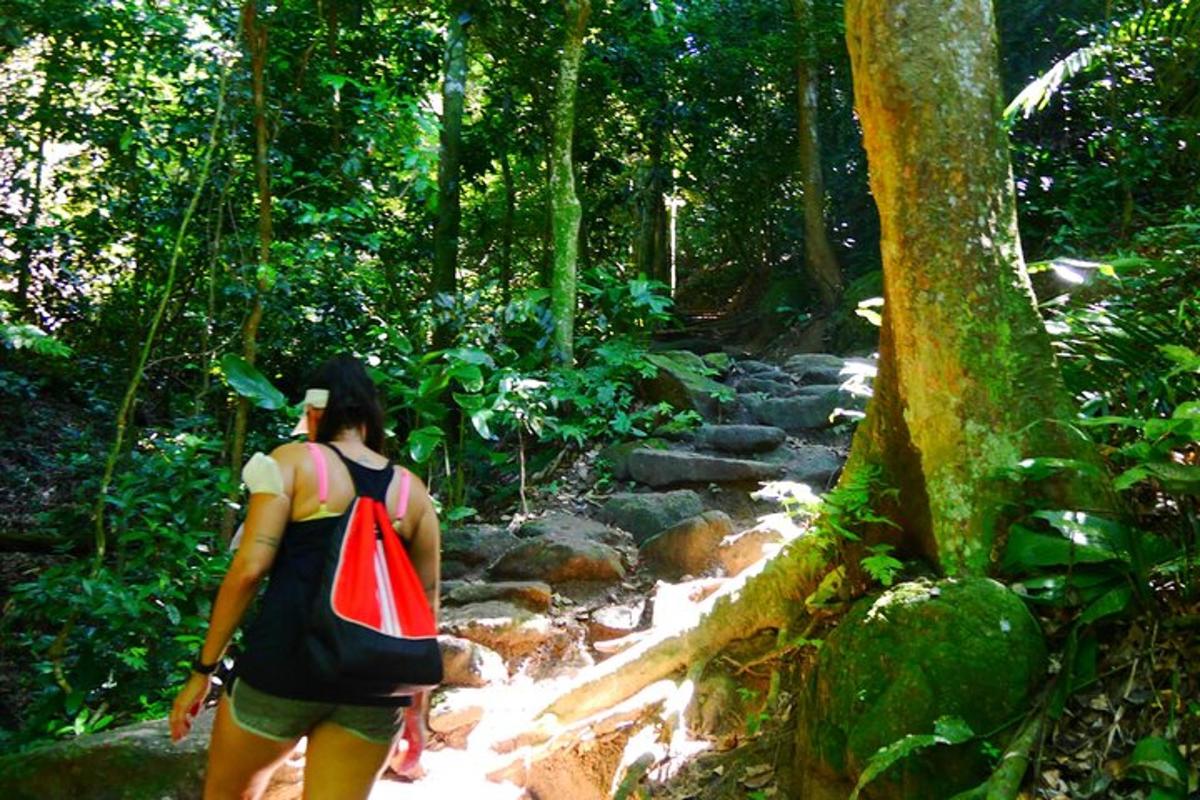 seorang wanita berjalan menyusuri jalan setapak di hutan