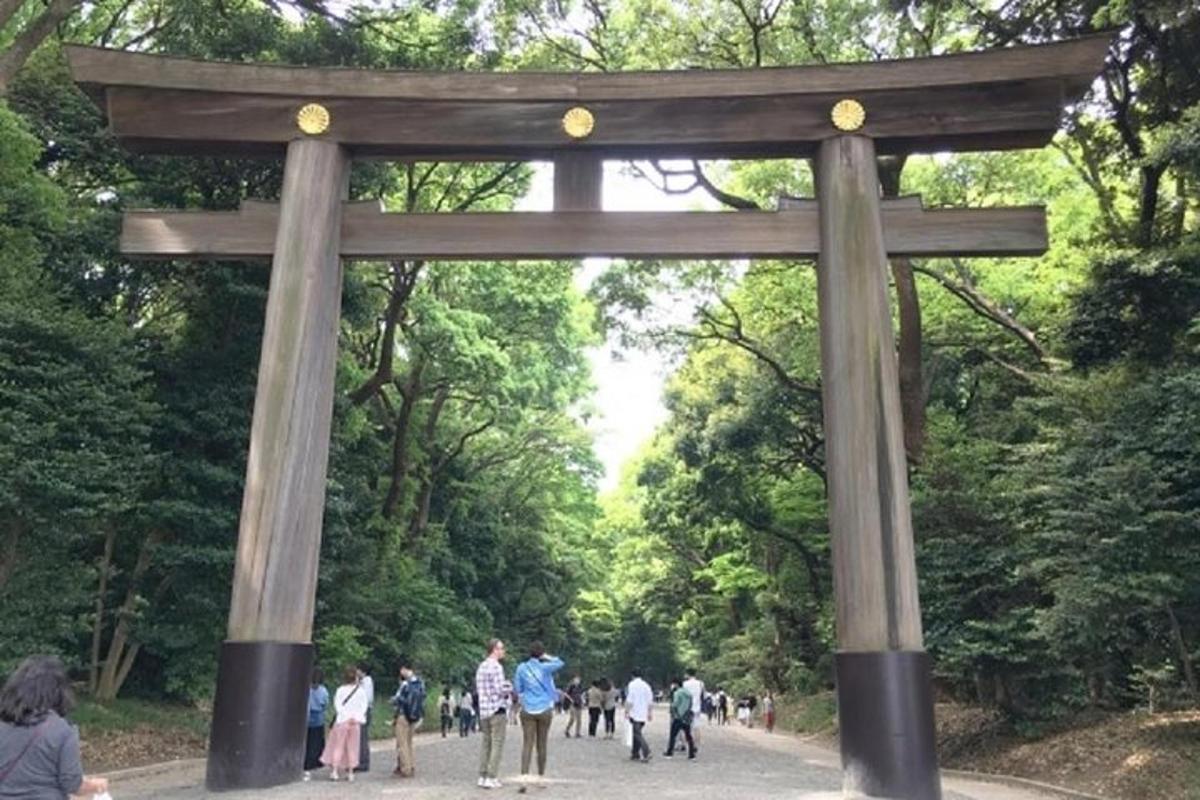 un cancello torii in un parco con persone che camminano