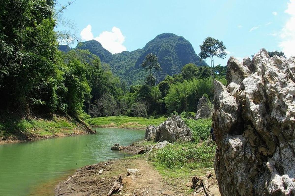Un río con rocas y árboles y una montaña