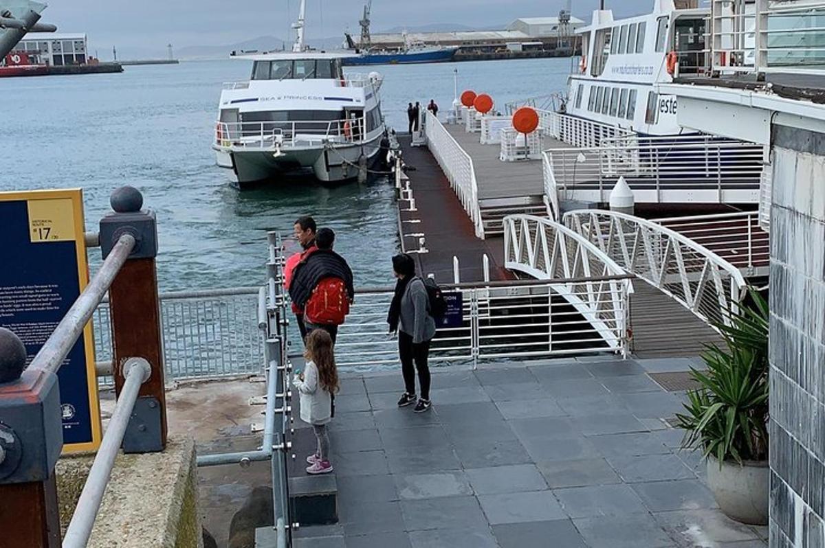 几个人站在码头上，旁边有一艘船