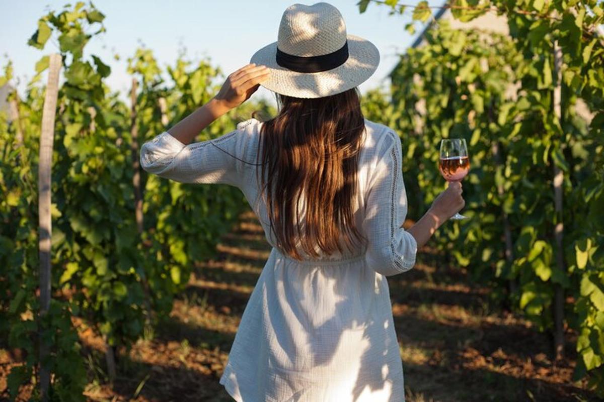una donna che tiene in mano un bicchiere di vino in un vigneto