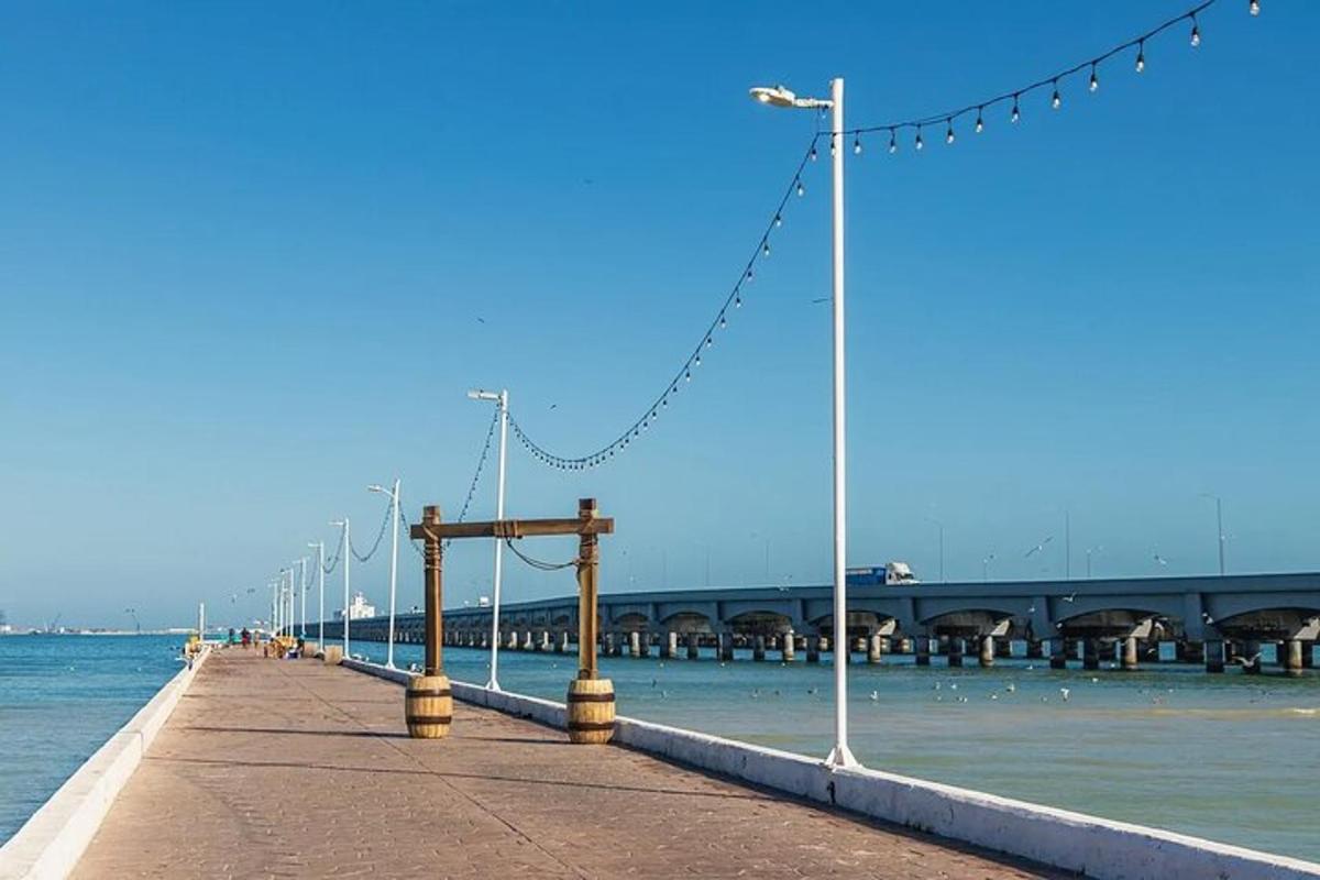 un lungo molo con un ponte nell'acqua