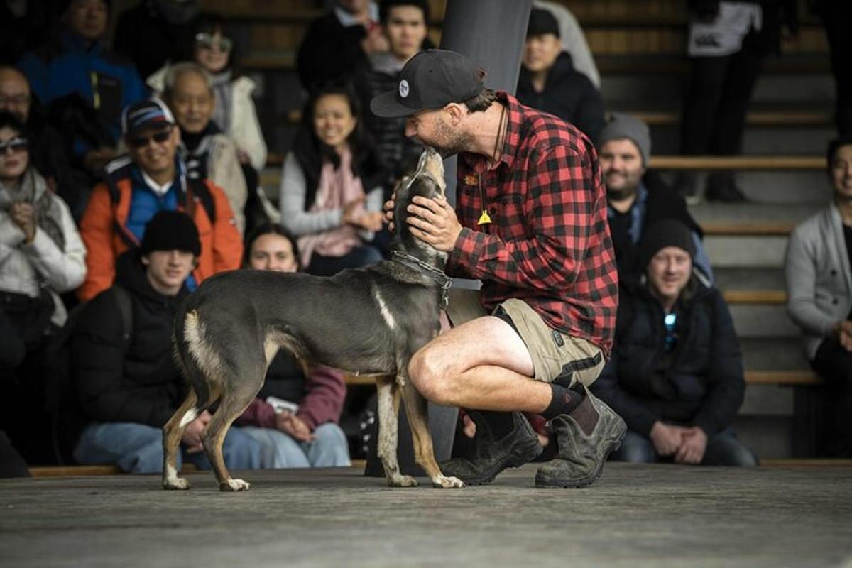 Un hombre está acariciando a un perro delante de una multitud.