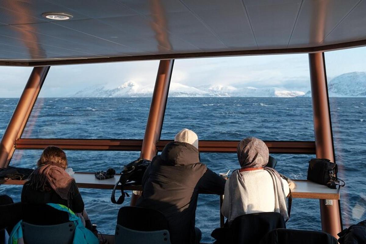 a group of people sitting on a boat looking out at the ocean
