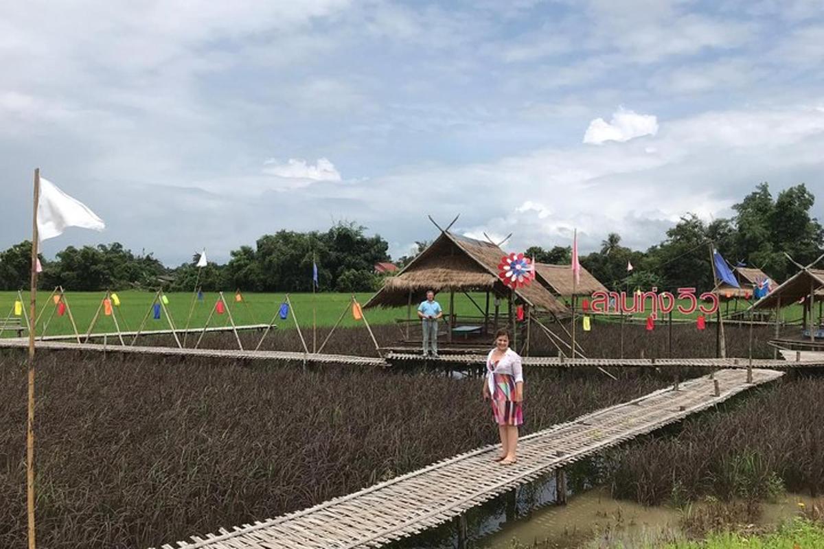 una donna in piedi su un ponte con aquiloni in un campo