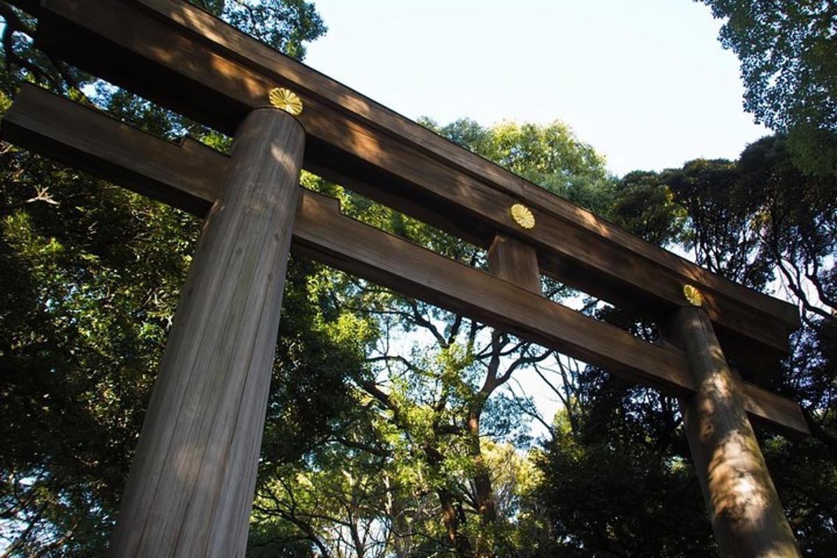 a torii gate in a park with trees in the background