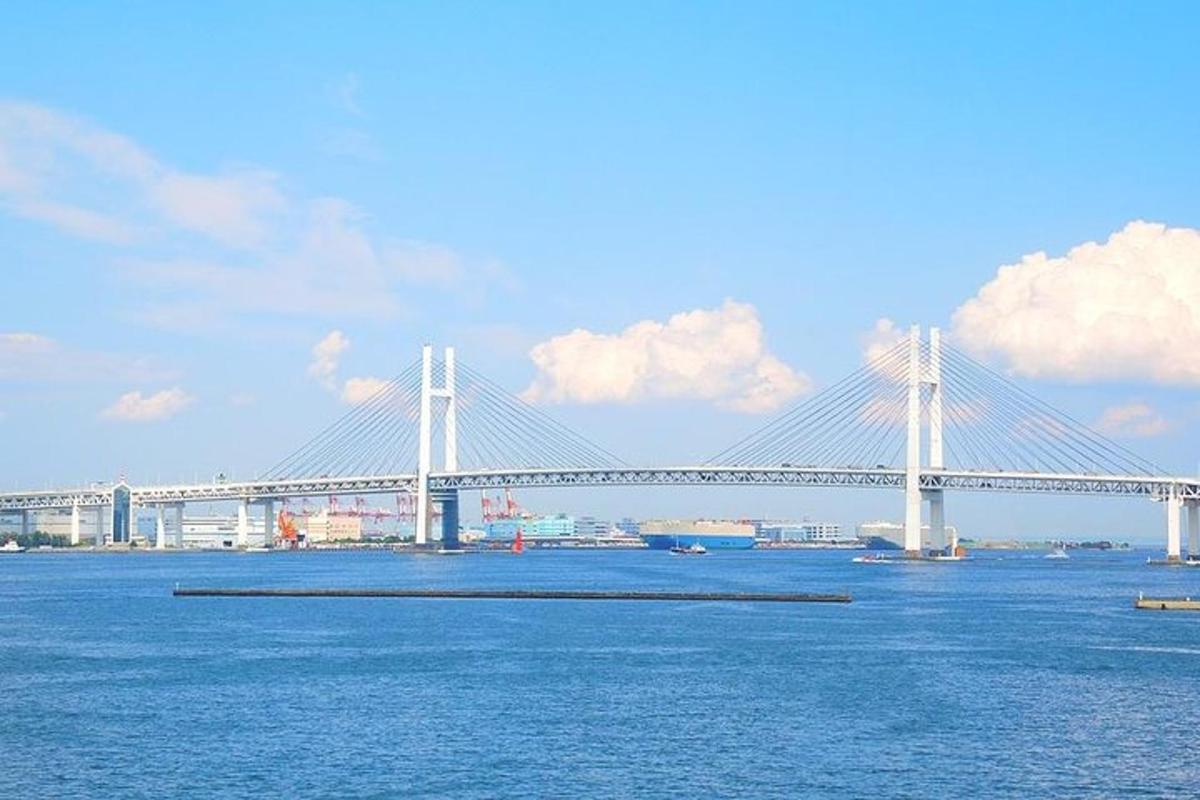 một cây cầu lớn màu trắng bắc qua mặt nước với