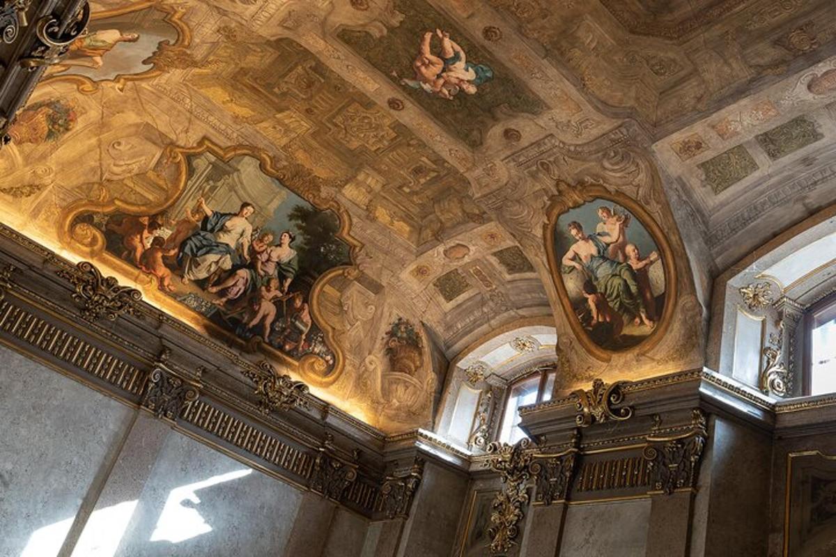a room with paintings on the ceilings of a building