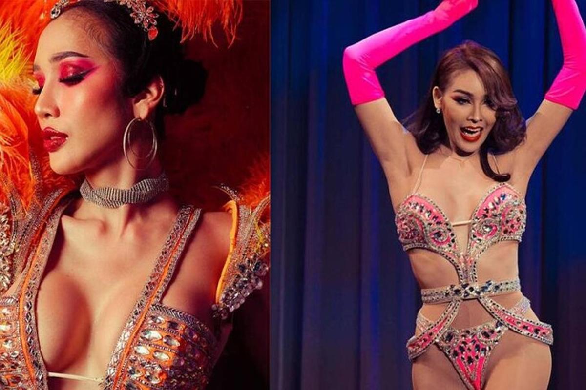 dues fotos d'una dona amb un vestit de concurs
