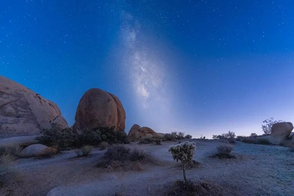 una vista di un deserto di notte con un cielo stellato
