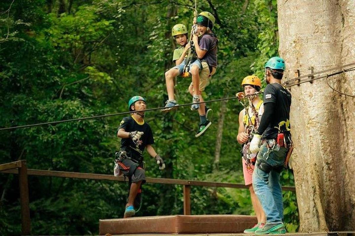 skupina lidí na zip line na stromě
