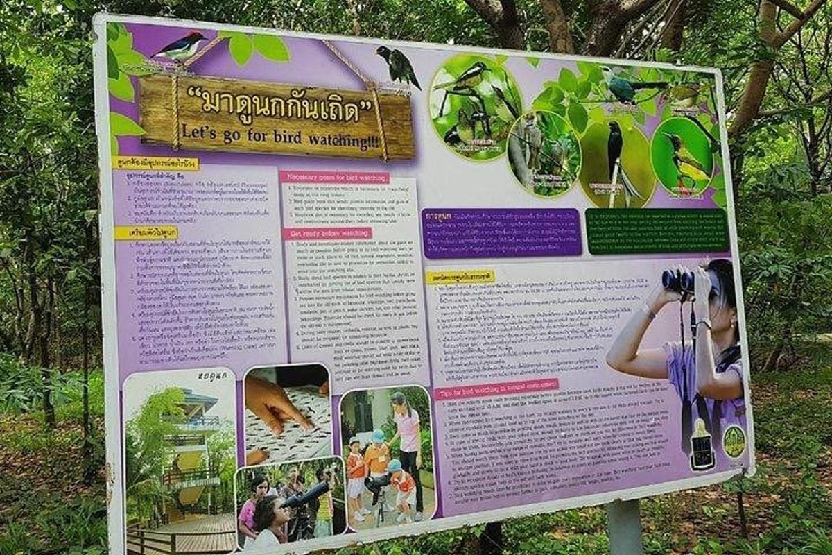 uma placa com fotos em um parque