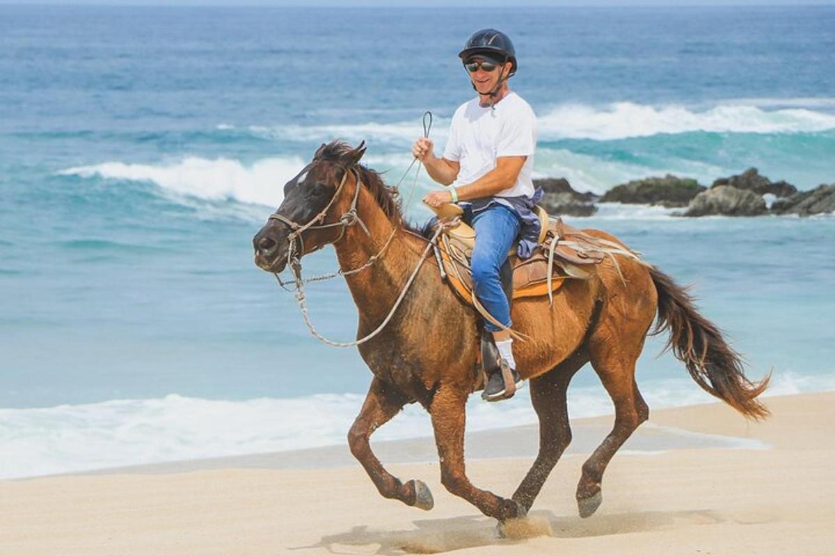 un hombre montando a caballo en la playa