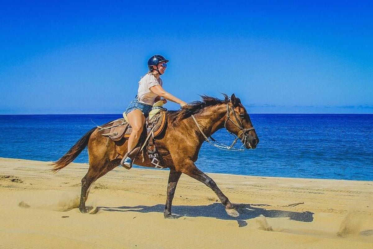 una mujer montando a caballo en la playa