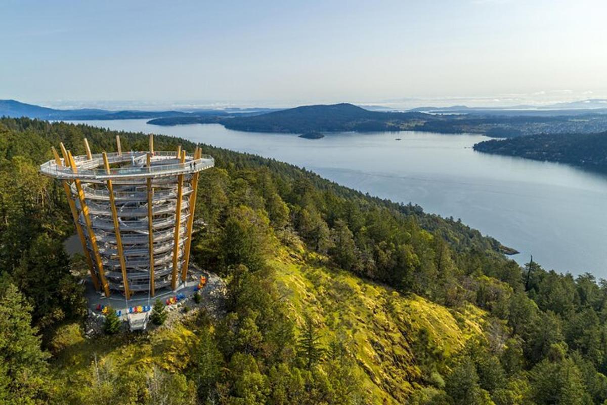 an observation tower on top of a hill next to a lake