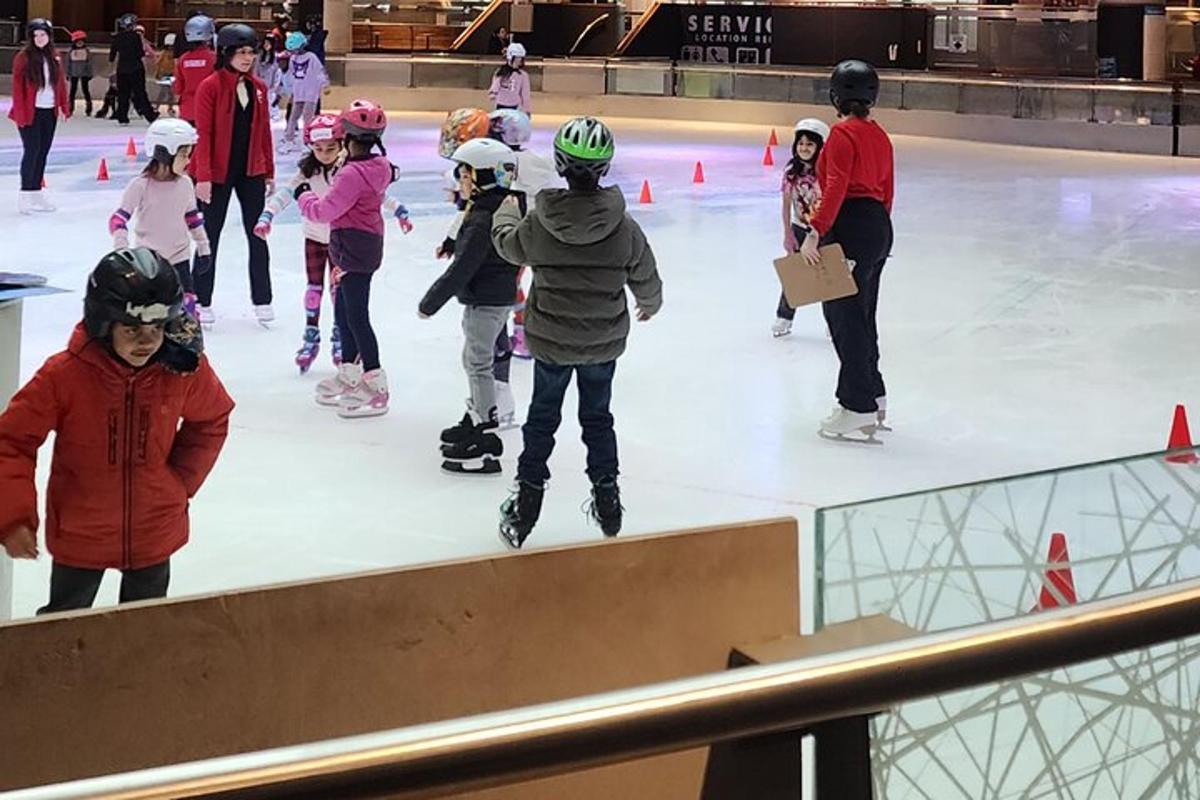 un grup de copii care patinează pe un patinoar