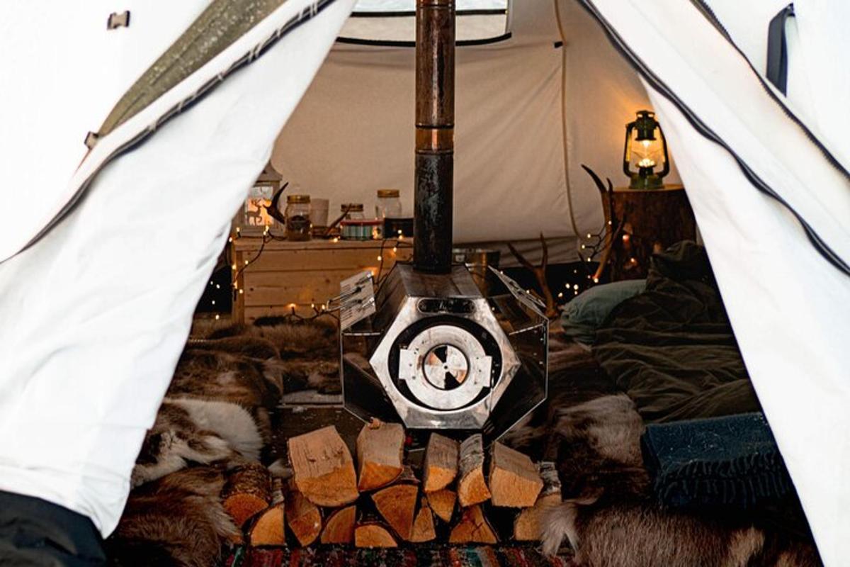 a dog laying on a bed in a tent