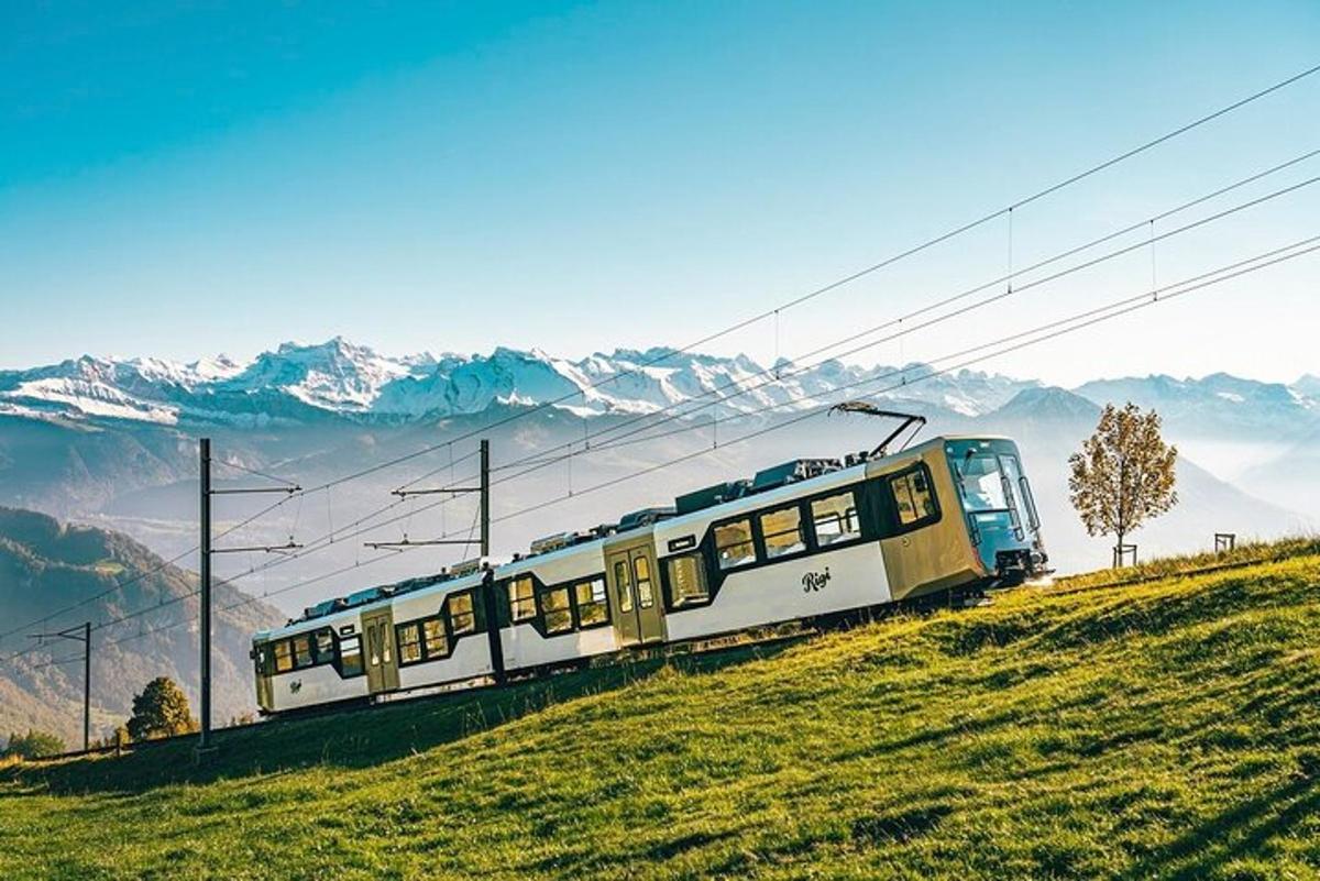 a train on a hill with mountains in the background