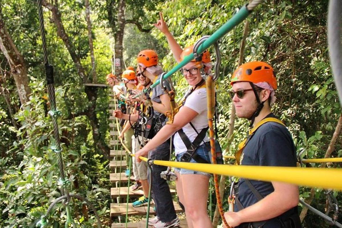 Un grupo de personas en una tirolina en la jungla.