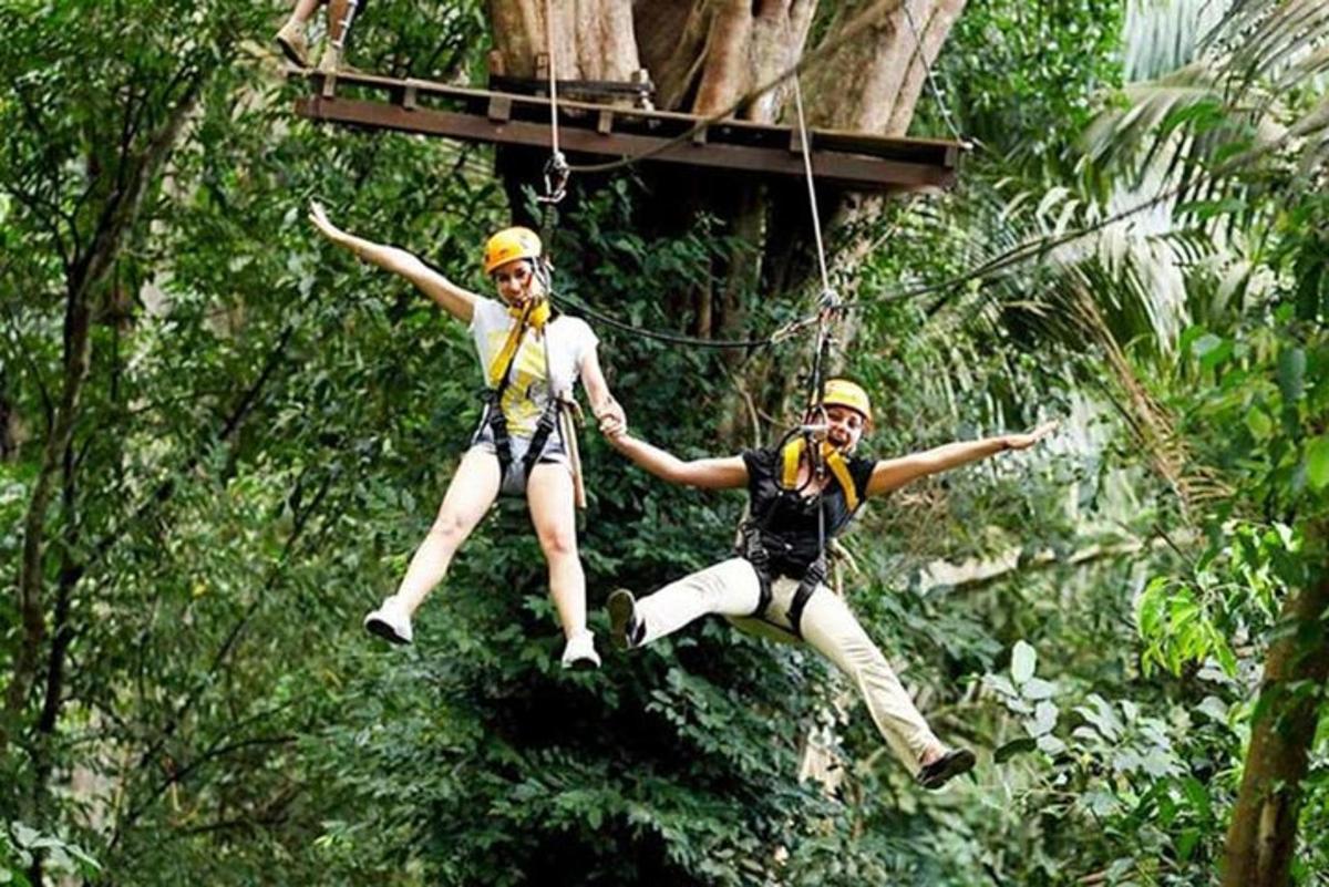 due persone stanno facendo zipline nella giungla