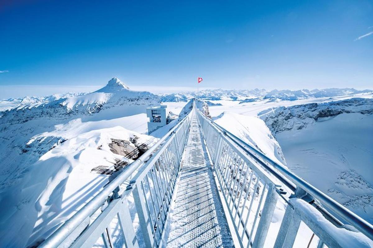 a walkway in the snow with mountains in the background