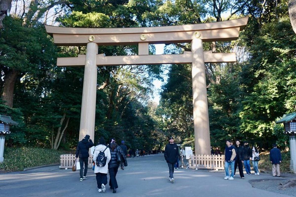 Un grupo de personas caminando frente a una puerta torii