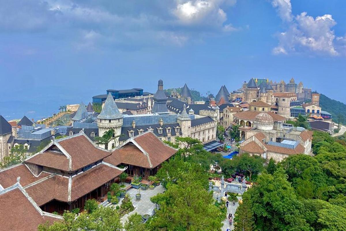 an aerial view of a town with buildings and trees