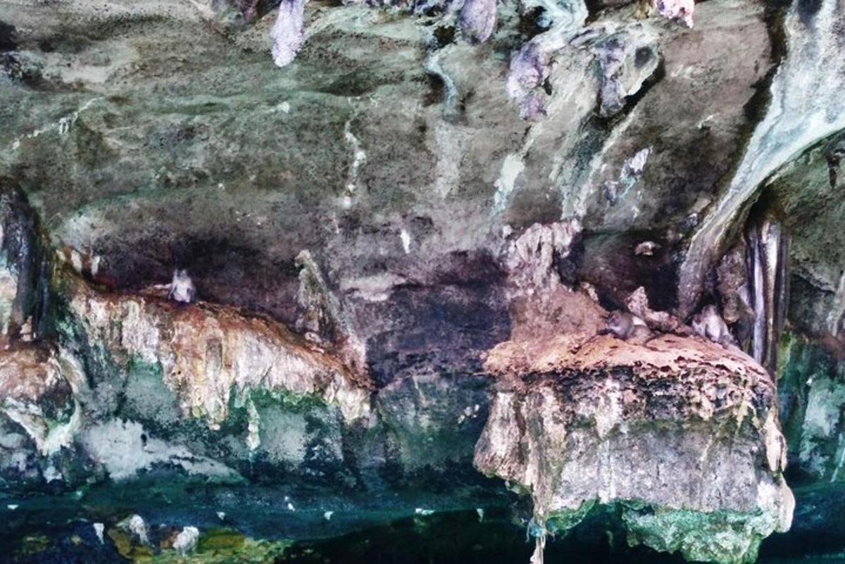 a painting of a cave with water coming out of it