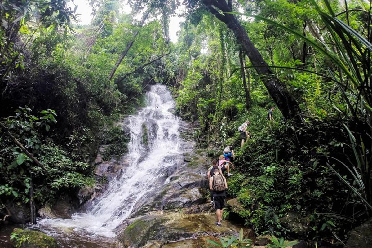 Un grupo de personas de pie frente a una cascada.