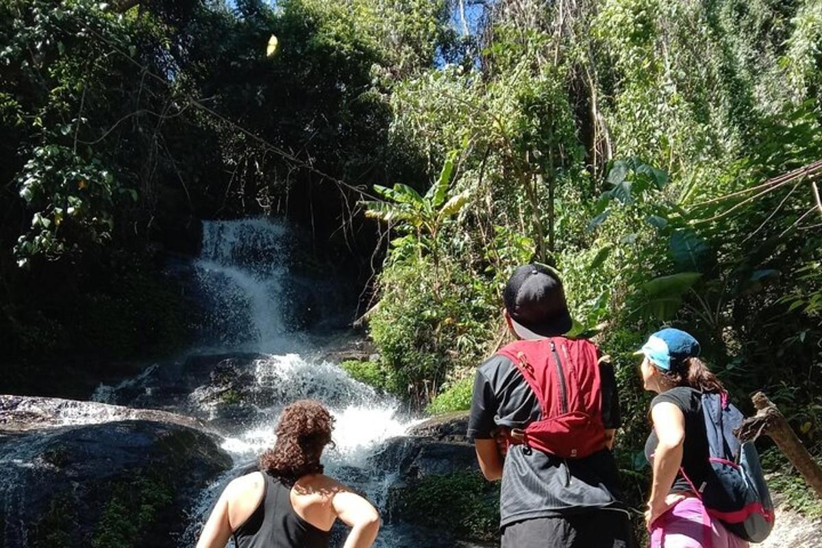 Un grupo de personas de pie frente a una cascada.