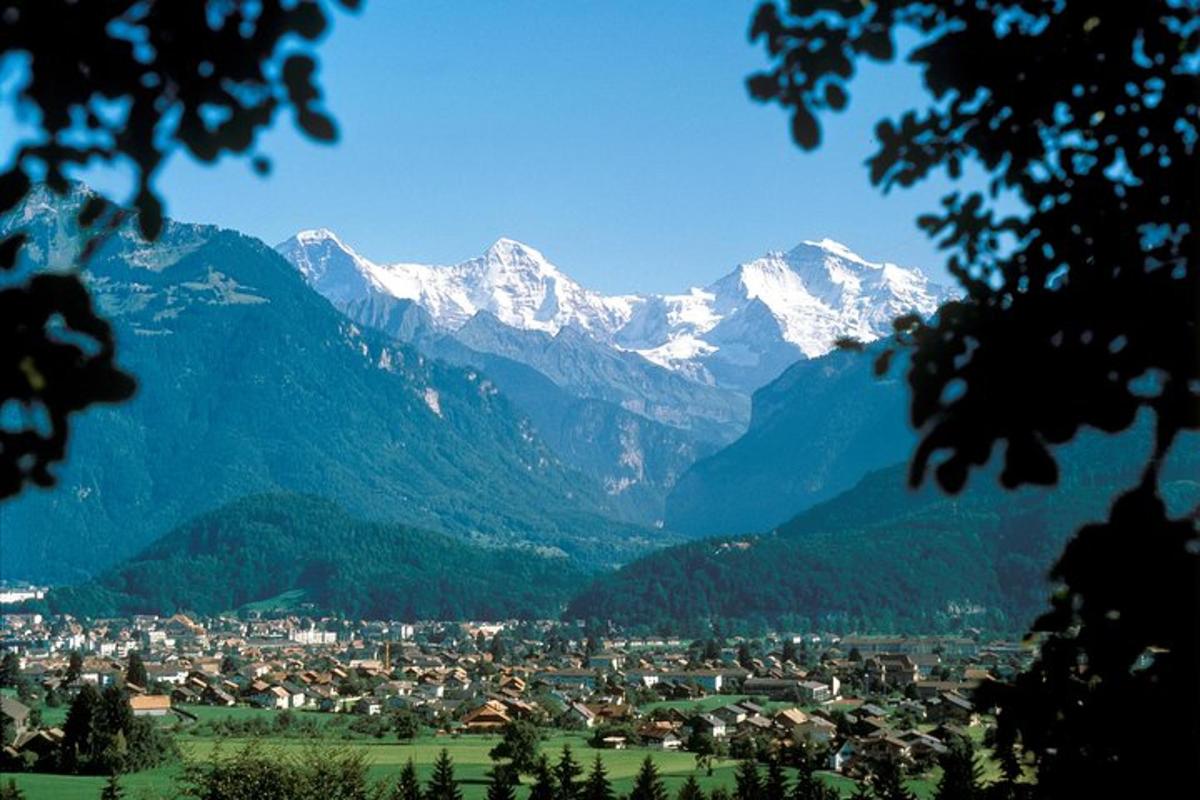 una vista di una città con le montagne sullo sfondo