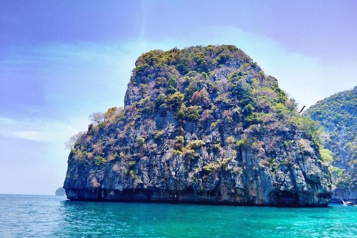 uma grande rocha na água com uma montanha