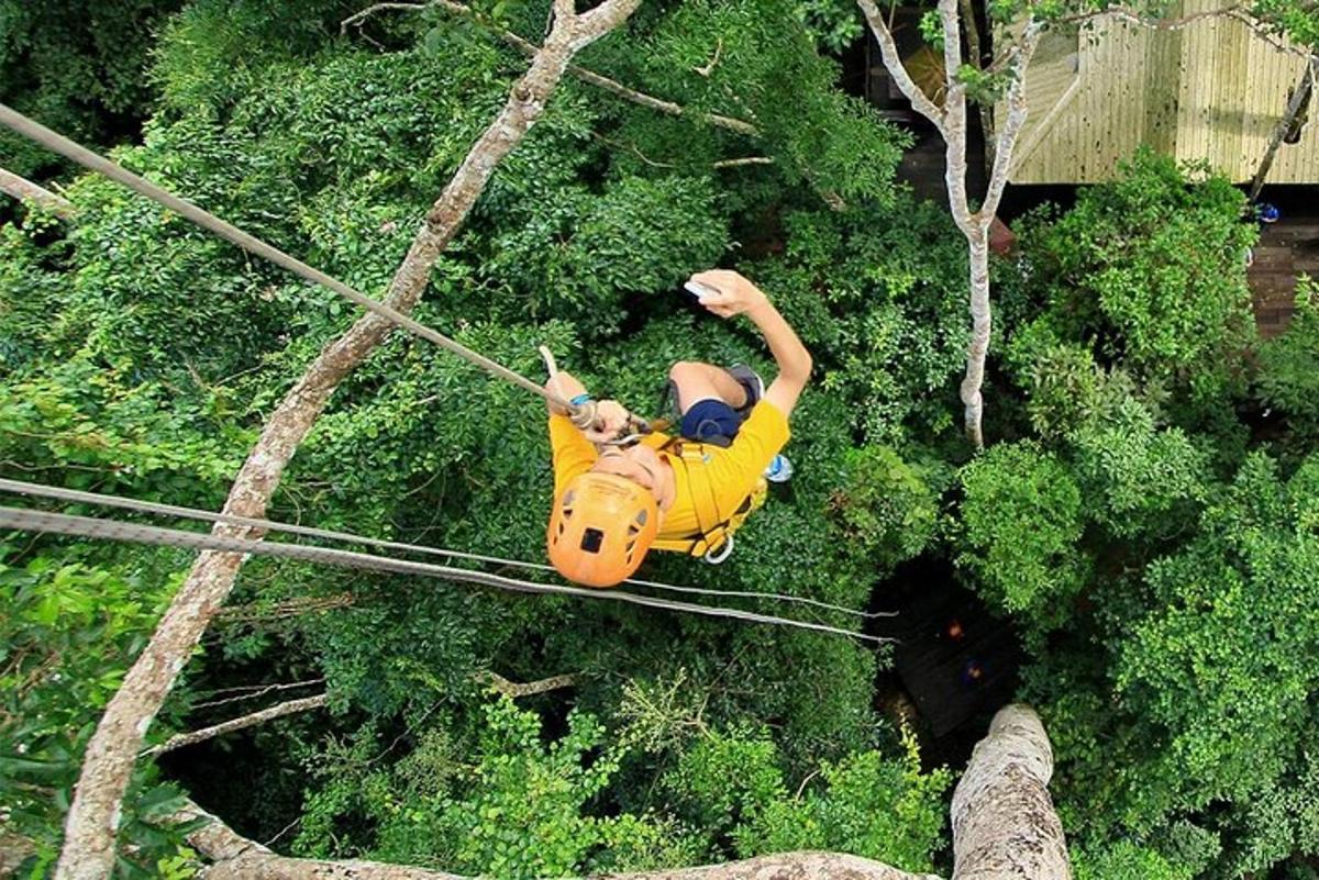 una persona su una teleferica tra gli alberi
