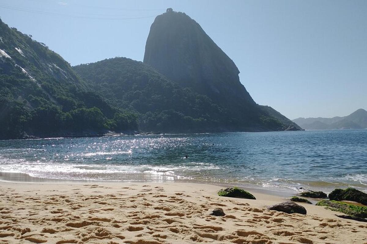 una spiaggia sabbiosa con una montagna sullo sfondo