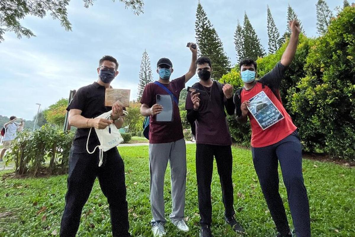 a group of people wearing masks standing in a field