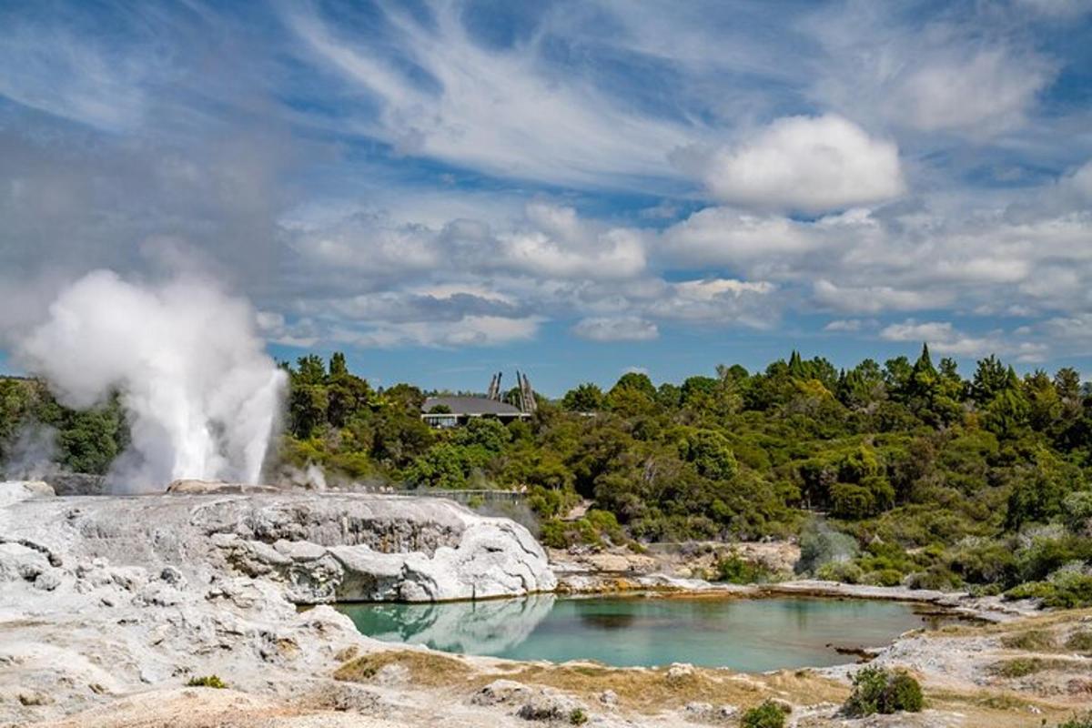 a geyser eruption with a pool of water and steam