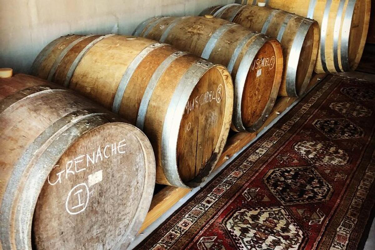 una fila di botti di vino in una stanza