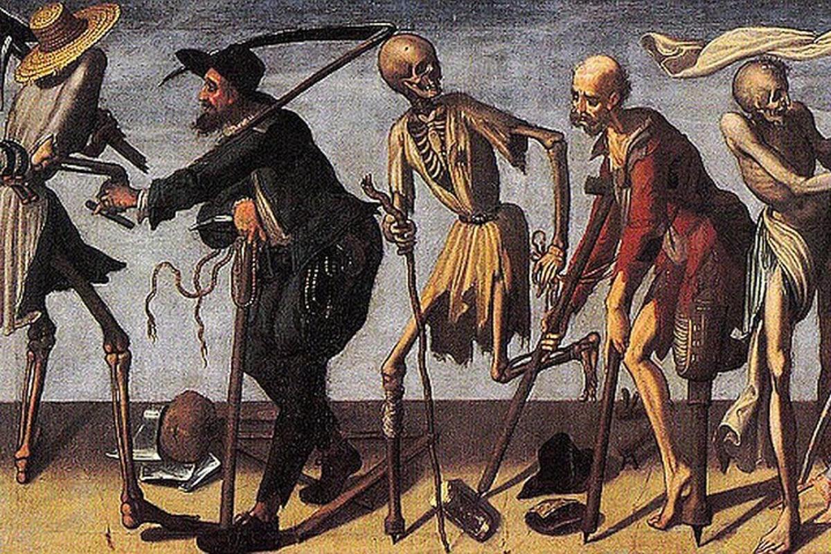 a painting of a group of people on skis